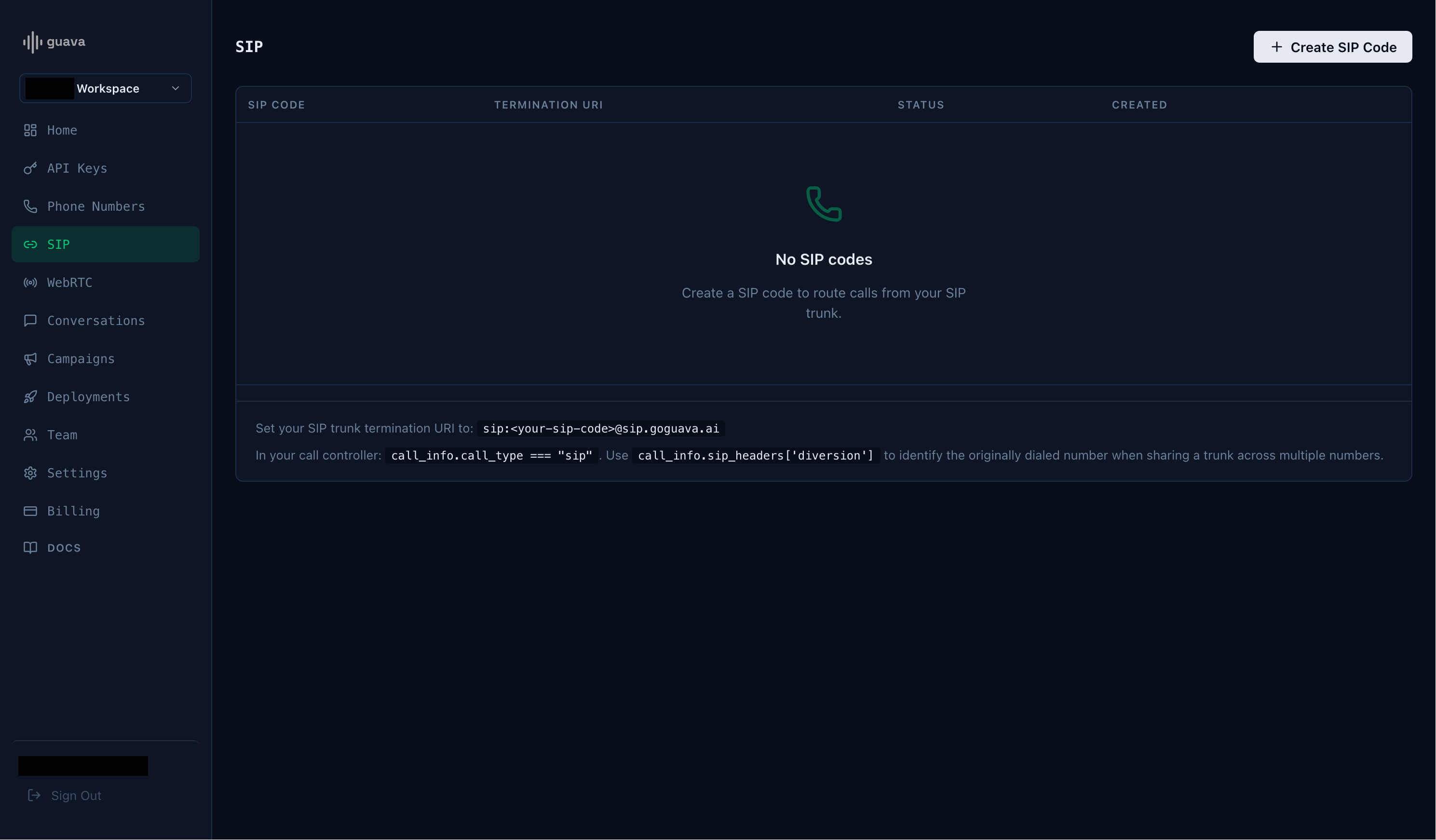 Guava SIP dashboard