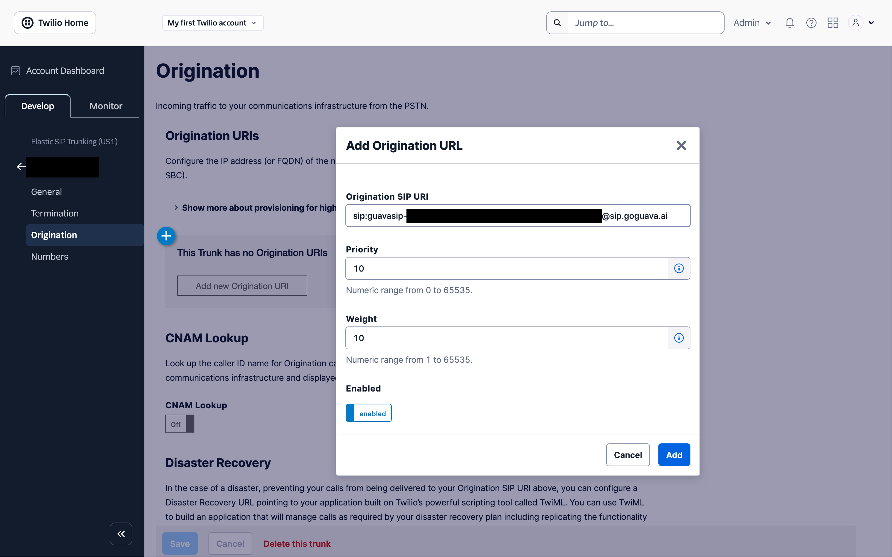 Adding an origination URI in Twilio